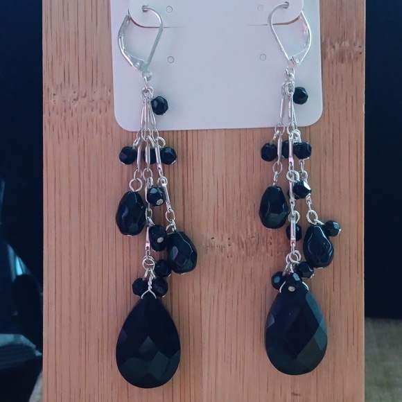 Silver Tone Black Beaded Dangle Earrings - Picture 2 of 4
